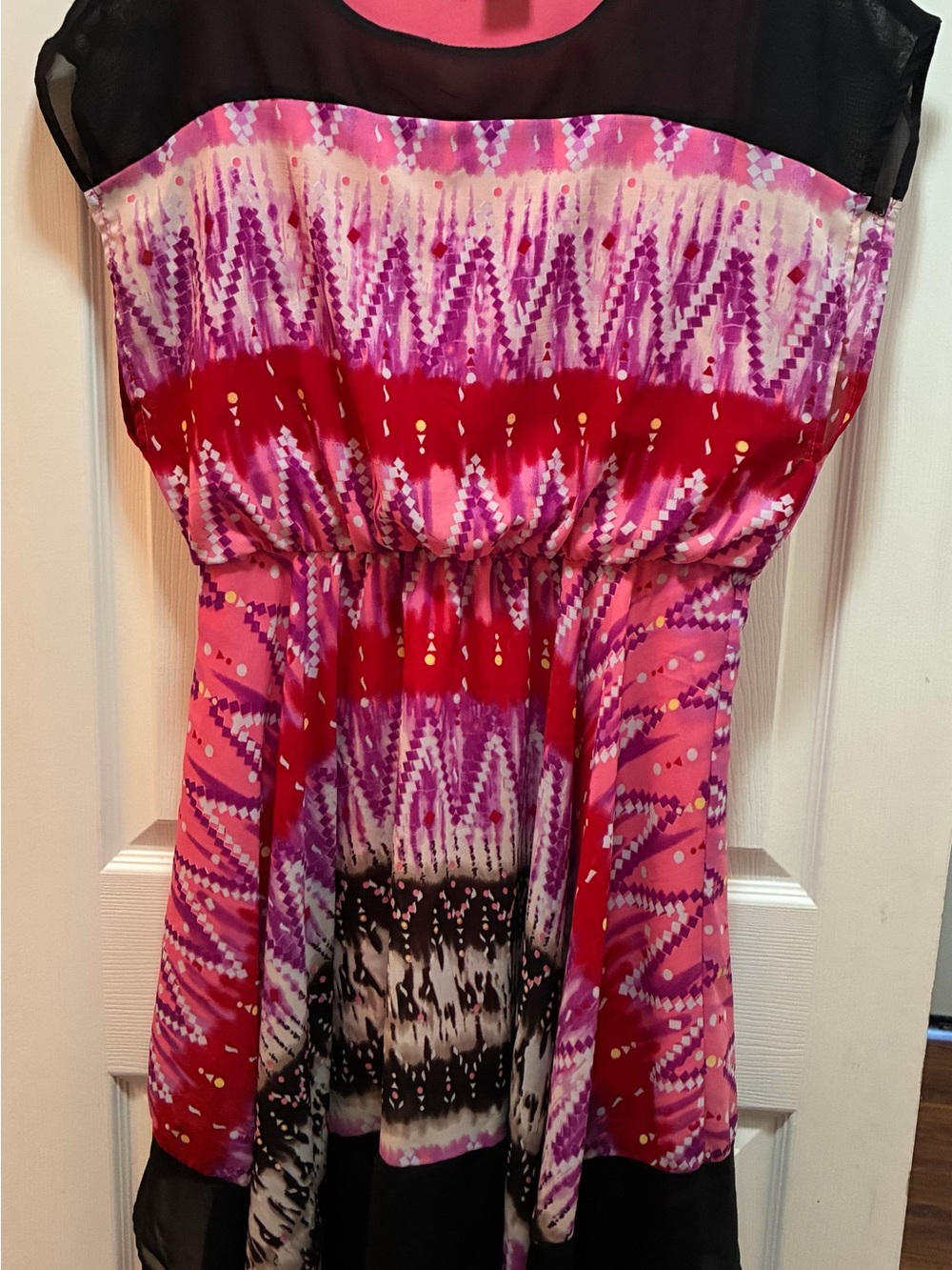 Sheer Yoke Pink & Red Printed Mini Dress